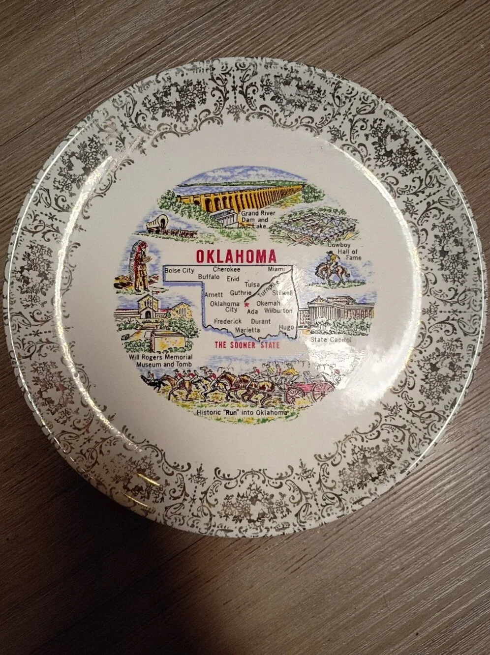Oklahoma Decorative Collector Plate - White with Gold Trim